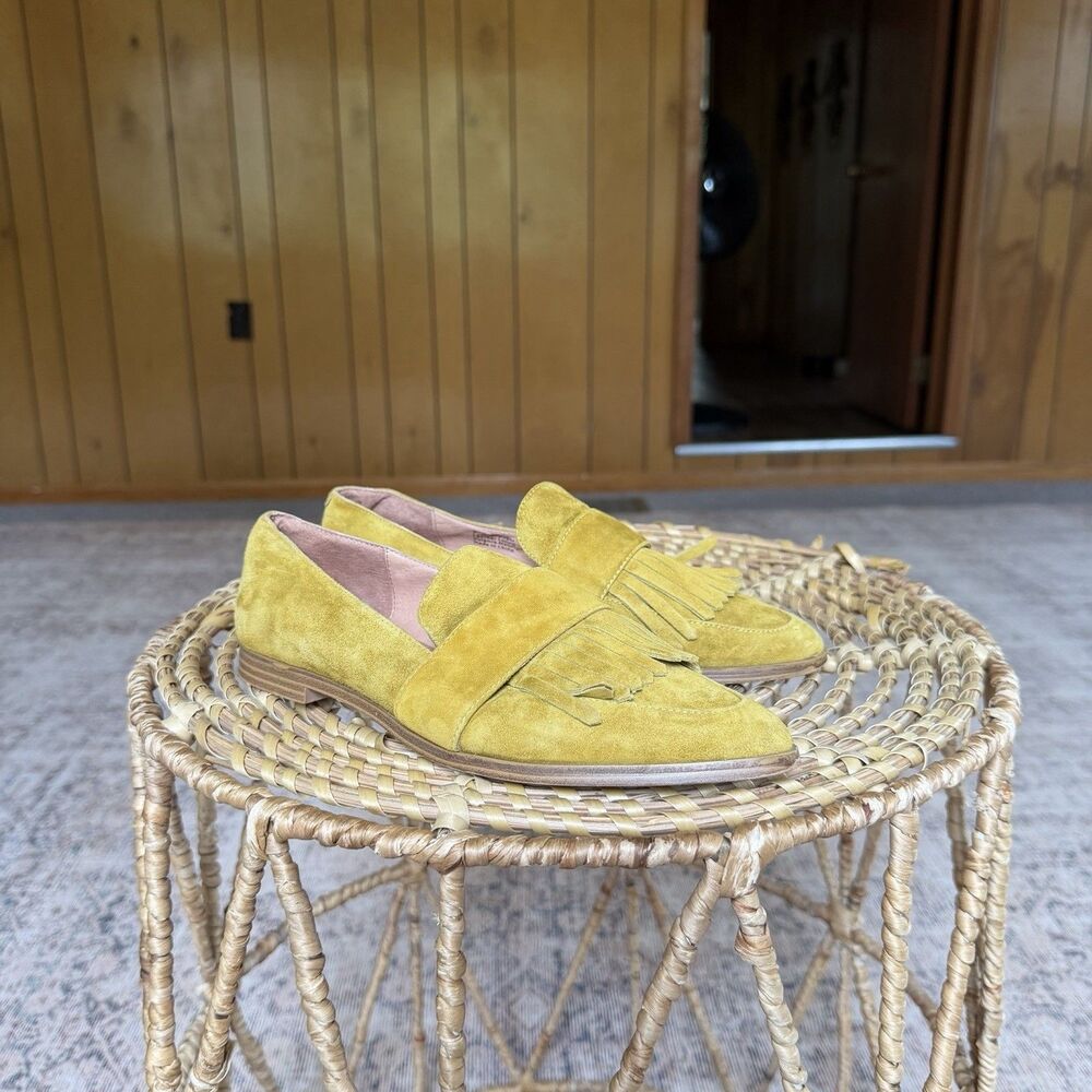 Matiko Anthropologie Suede Leather Loafers Mustard Size 38 Fringe Pointed Toe - Picture 7 of 10